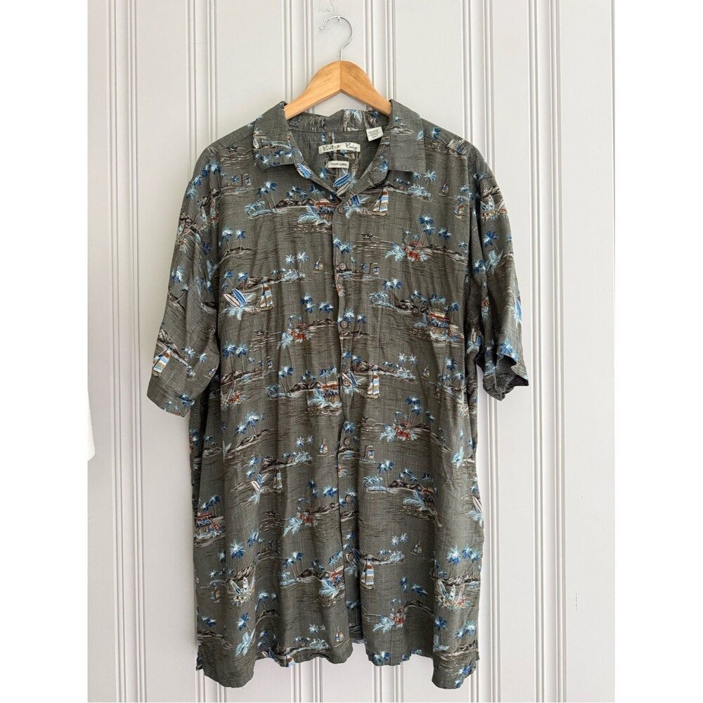 Men's Casual Button-Down Shirt - Olive with Tropical Print- Easy Care